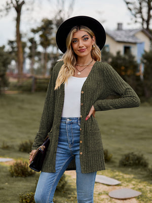 Longline ribbed knit button-down cardigan in Army Green with wooden buttons and pockets.