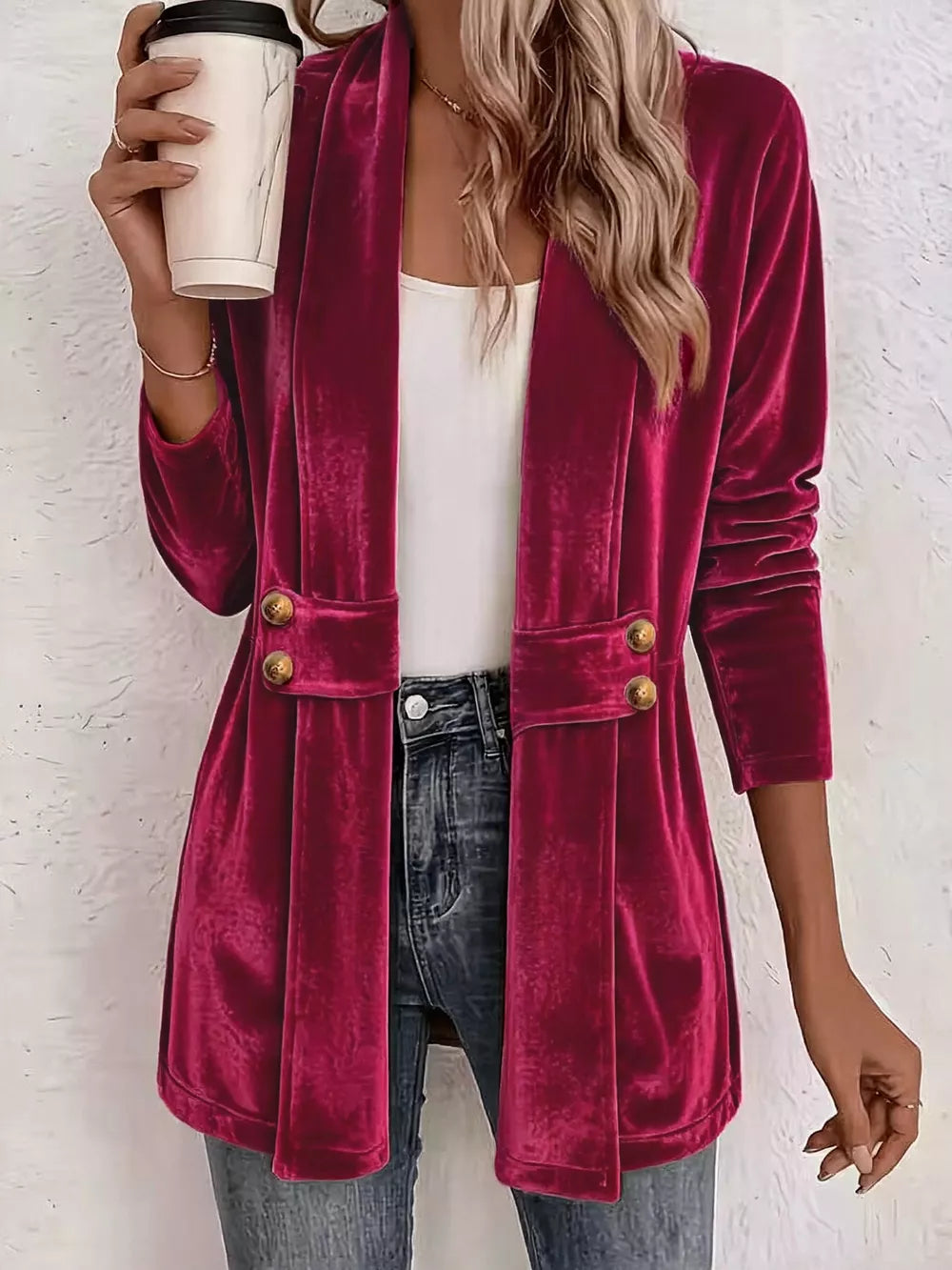 Elegant Velvet Open-front Cardigan in White, alternate angle