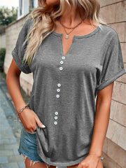 Grey short sleeve t-shirt with V-neck and decorative buttons.