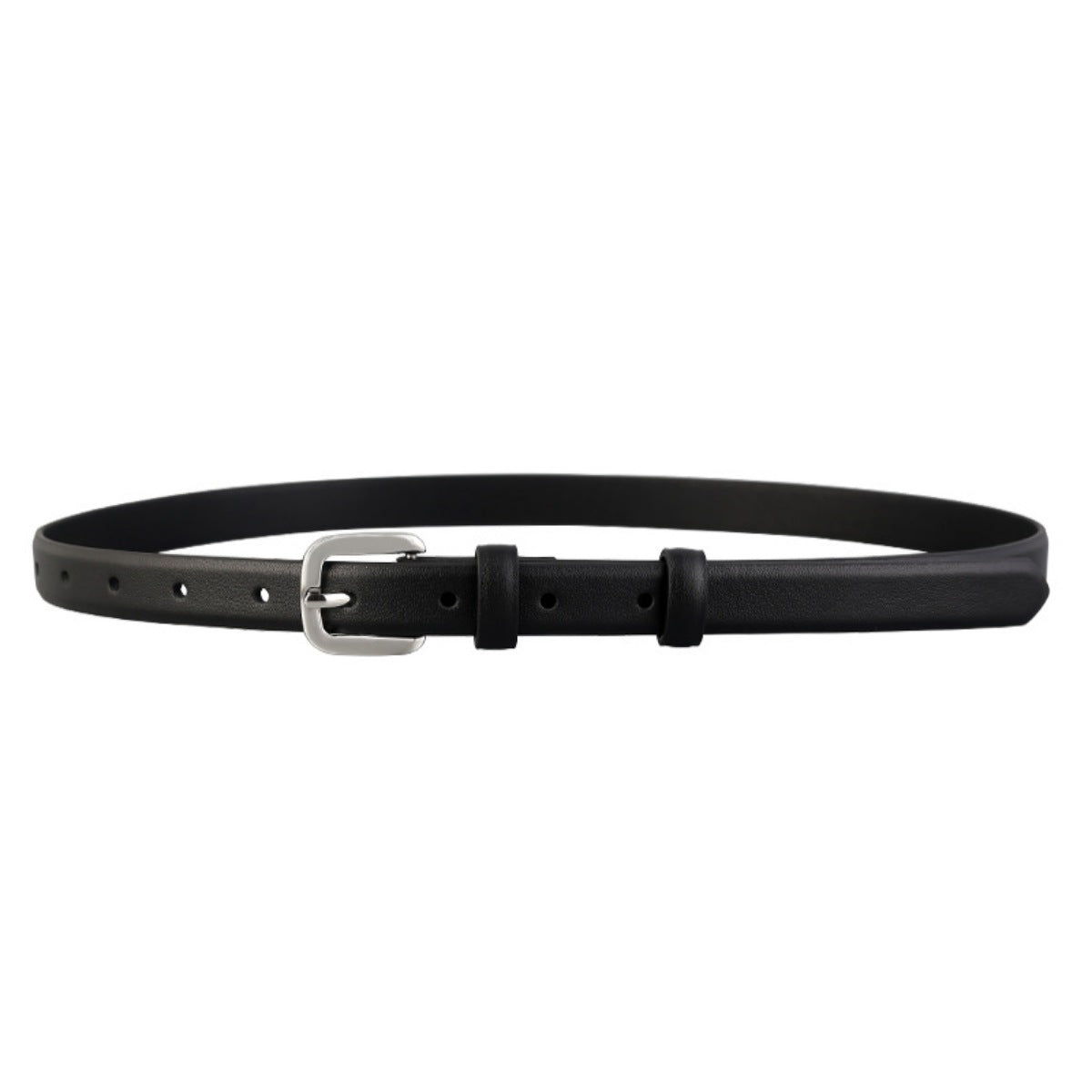 Black cowhide leather belt with silver buckle and adjustable holes