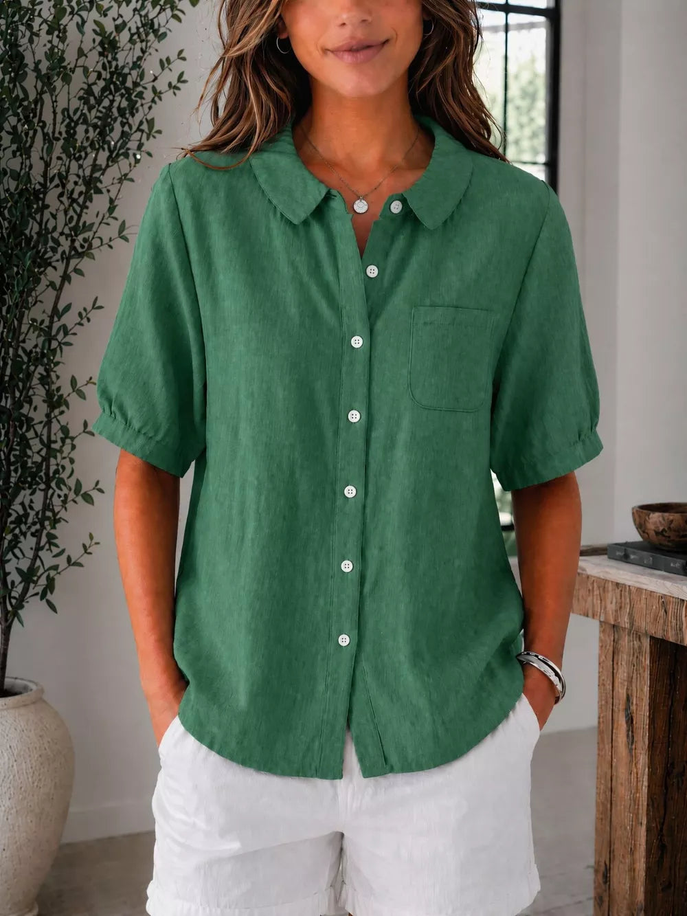 Full Size Button Up Short Sleeve Shirt Plus Size, alternate angle