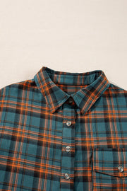 Oversized plaid overshirt in French Blue with button front and chest pocket detail.