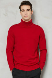 Men's red turtleneck sweater with long sleeves and ribbed cuffs and hem.
