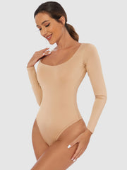 Tan long sleeve second-skin bodysuit with square neckline