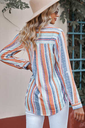 Coastal Stripe Button-Down Blouse in orange and blue stripes, casual long sleeve shirt with button detail.