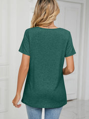 Dark Green jersey t-shirt with ruched V-neckline and short sleeves.