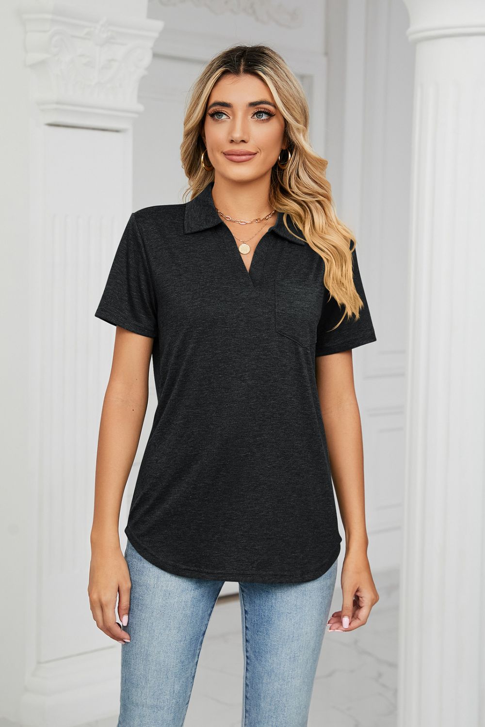 Dark Gray V-neck polo shirt with short sleeves and a chest pocket.