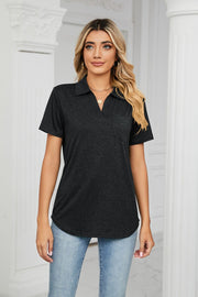 Dark Gray V-neck polo shirt with short sleeves and a chest pocket.