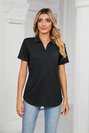 Dark Gray V-neck polo shirt with short sleeves and a chest pocket.
