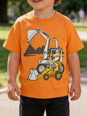 Orange toddler t-shirt with a graphic of two excavators and a dinosaur driver.
