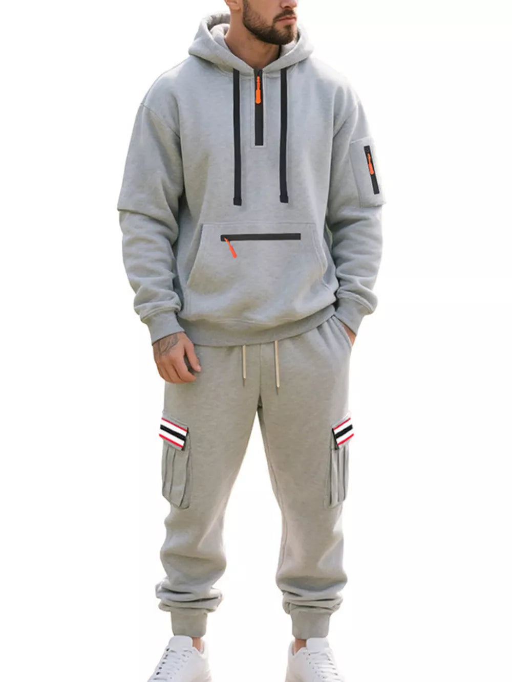 Men's Casual Half-zip Hoodie And Cargo Pants Set in Navy Blue, view 13
