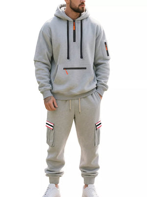 Men's Casual Half-zip Hoodie And Cargo Pants Set in Navy Blue, view 13
