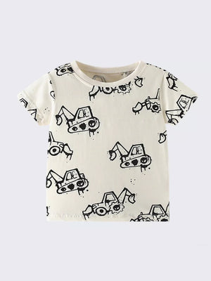 Toddler cream cotton t-shirt with playful black excavator print, crew neck, short sleeves.