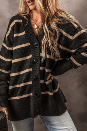 Chunky stripe button-down cardigan in black and beige acrylic with button closure.