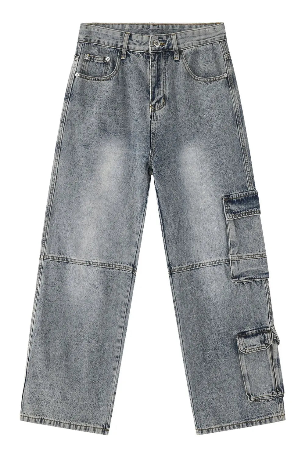 Medium wash denim cargo pants with wide legs and multiple utility pockets.