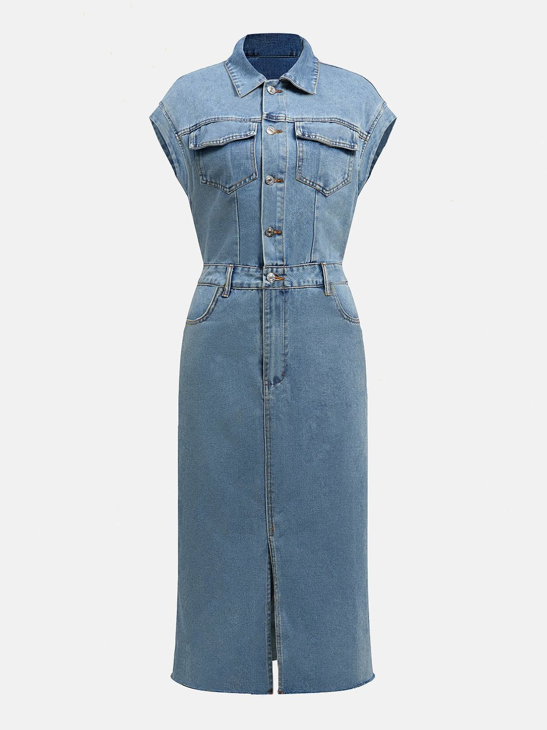 Sleeveless denim midi dress in light wash with button front, chest pockets, and front slit.