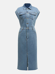 Sleeveless denim midi dress in light wash with button front, chest pockets, and front slit.