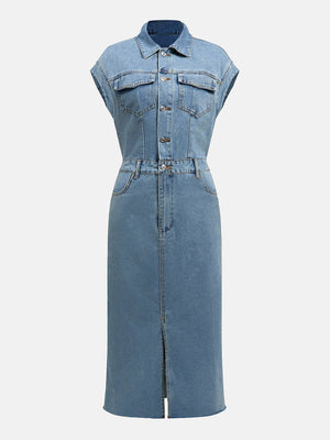 Sleeveless denim midi dress in light wash with button front, chest pockets, and front slit.