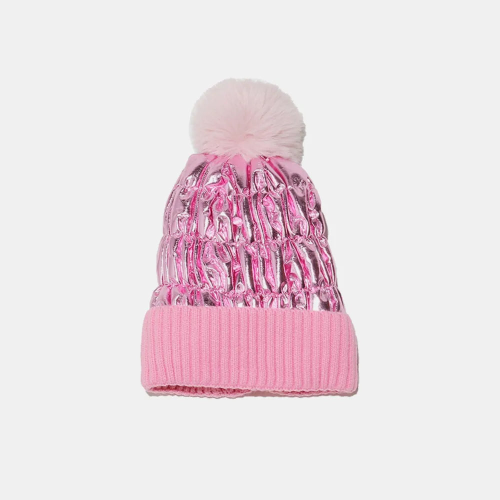 Pink metallic padded beanie with faux fur pom and ribbed cuff