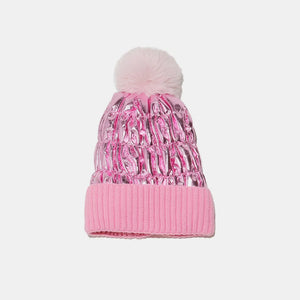 Pink metallic padded beanie with faux fur pom and ribbed cuff