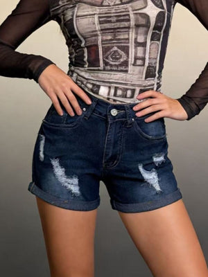 Dark blue distressed denim shorts with cuffed hem and button closure.