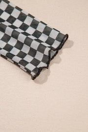 Plaid Stand Neck Long Sleeve Mesh Top, product detail