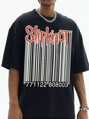 Black cotton crew neck t-shirt with vintage Slipknot barcode graphic and numbers.