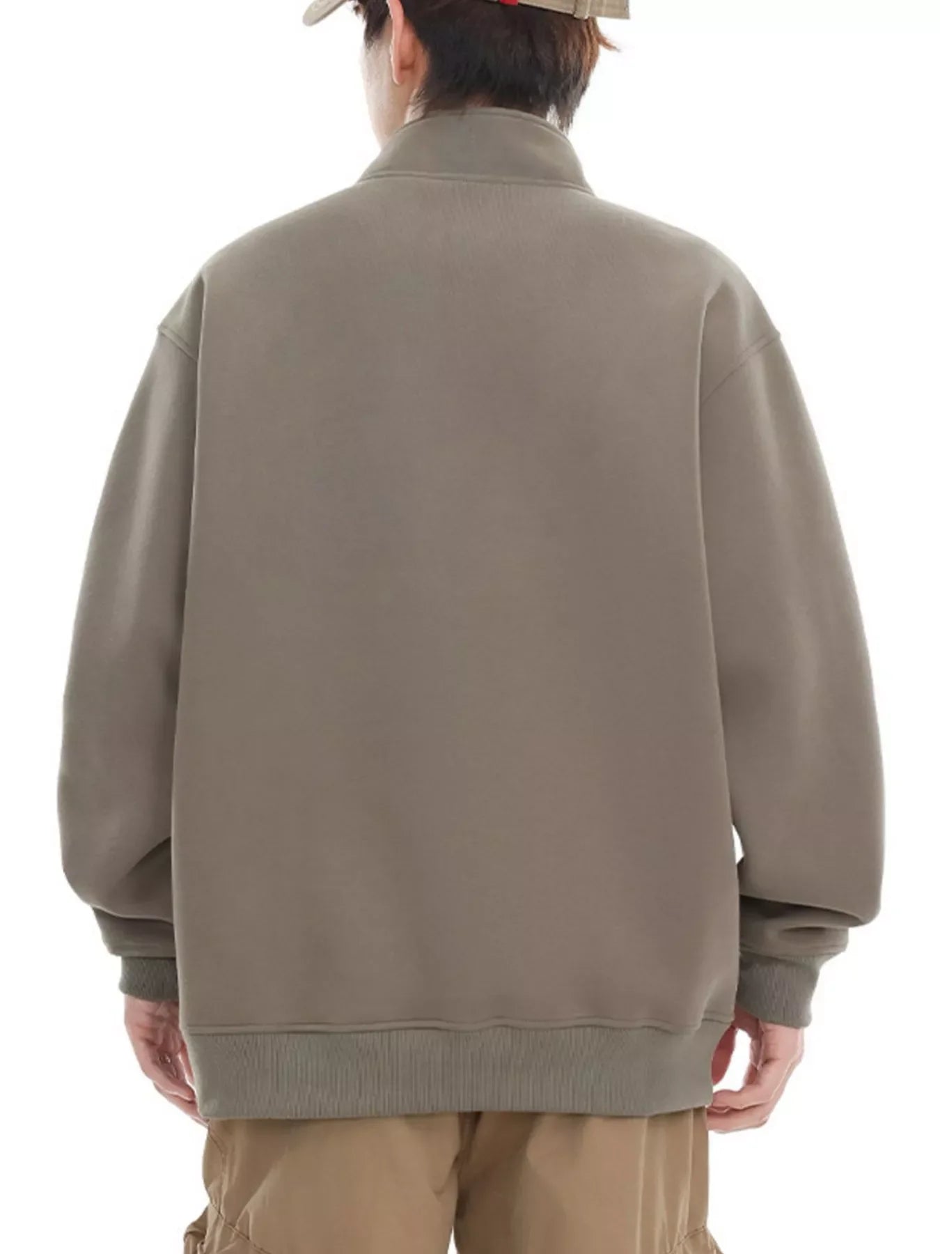 Plus-size khaki buttoned sweatshirt pullover with ribbed cuffs and hem.