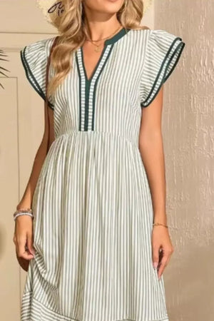 Moss striped midi dress with ruffle sleeves and V-neck with contrast trim.