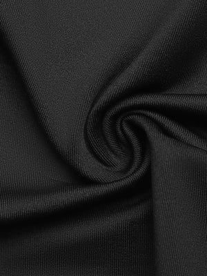 Black cowl neck bodysuit with gold accents, showing fabric detail