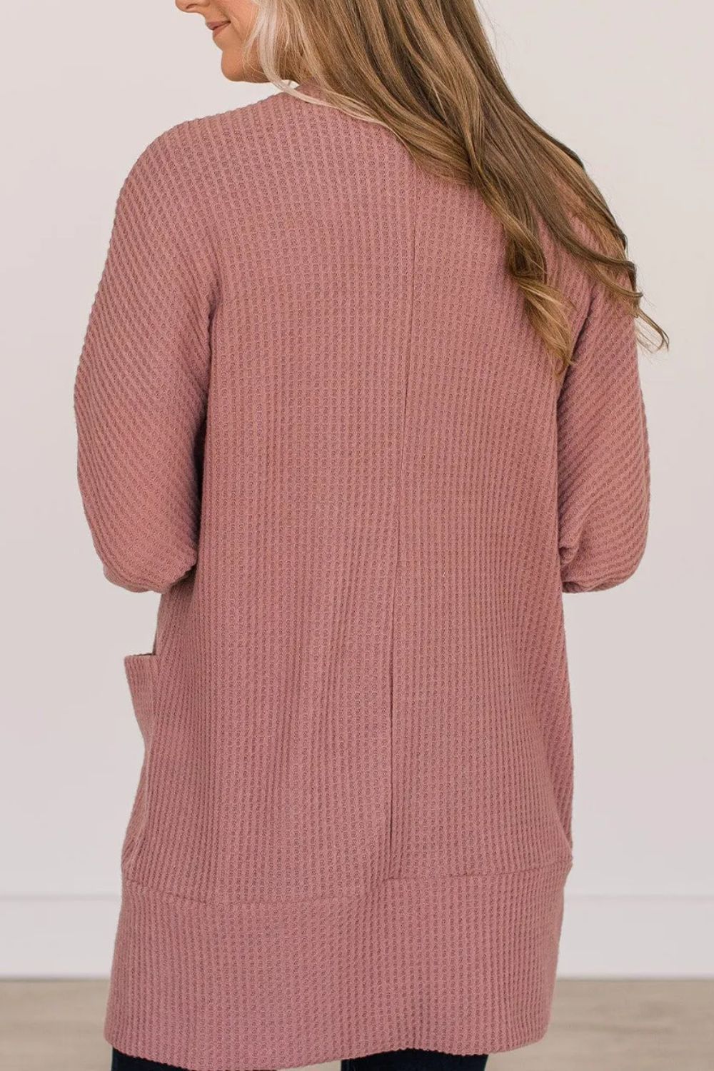 Dusty pink waffle knit open front cardigan with pockets