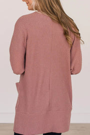 Dusty pink waffle knit open front cardigan with pockets