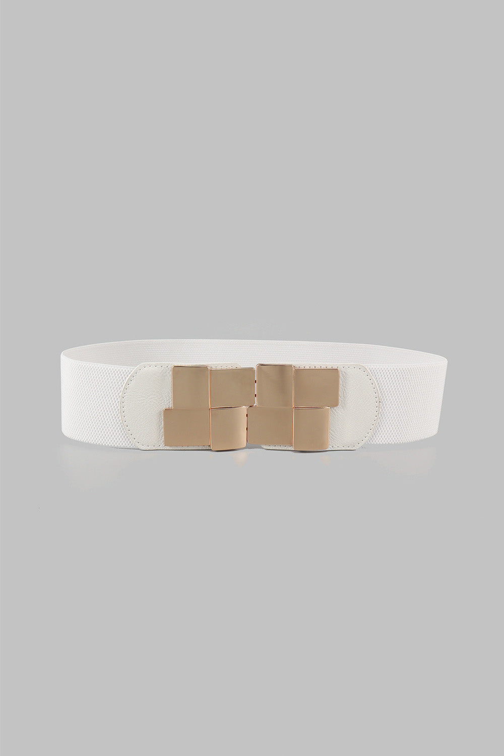 White elastic belt with gold geometric buckle and faux leather trim
