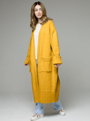 Gold oversized ribbed-trim maxi cardigan with pockets and cuffed sleeves.