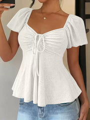 Ruched Flutter Sleeve Peplum Top in Yellow, front view