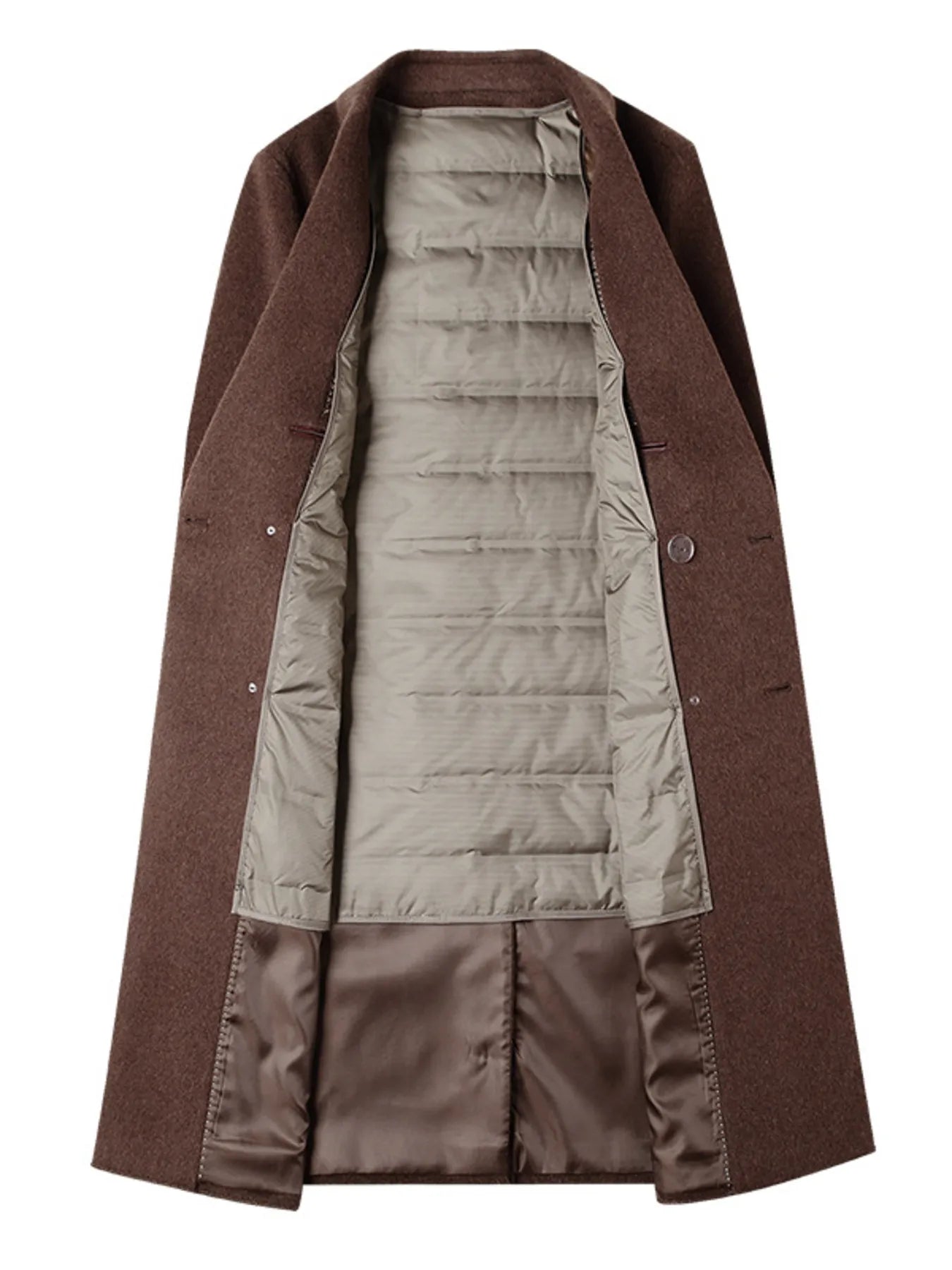 Brown wool blend double-breasted overcoat with quilted lining detail