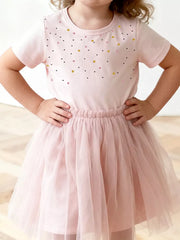 Toddler blush pink polka dot cotton blend dress, casual, cute