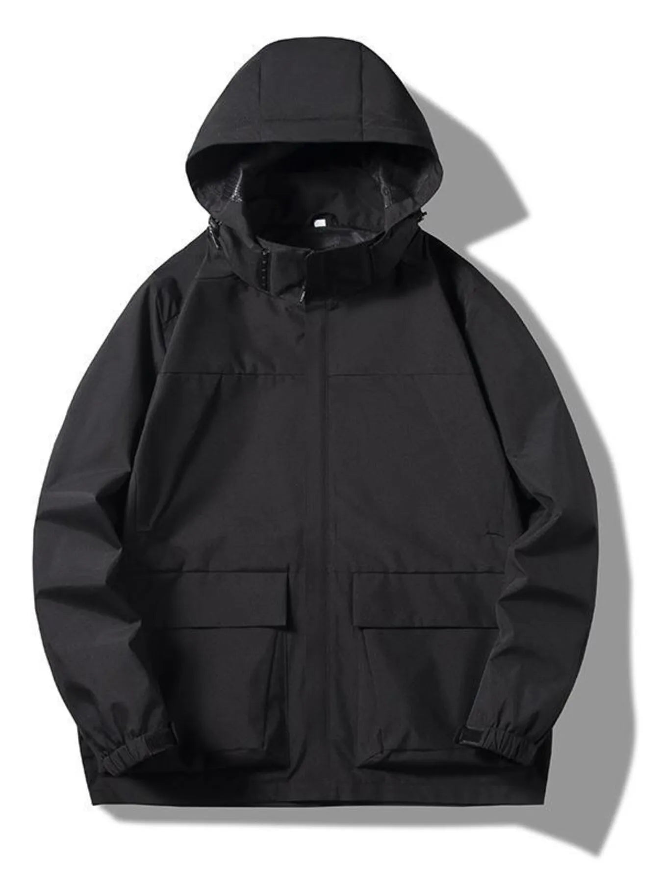 Black hooded windproof jacket with two front pockets and elastic cuffs.