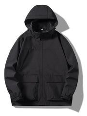 Black hooded windproof jacket with two front pockets and elastic cuffs.