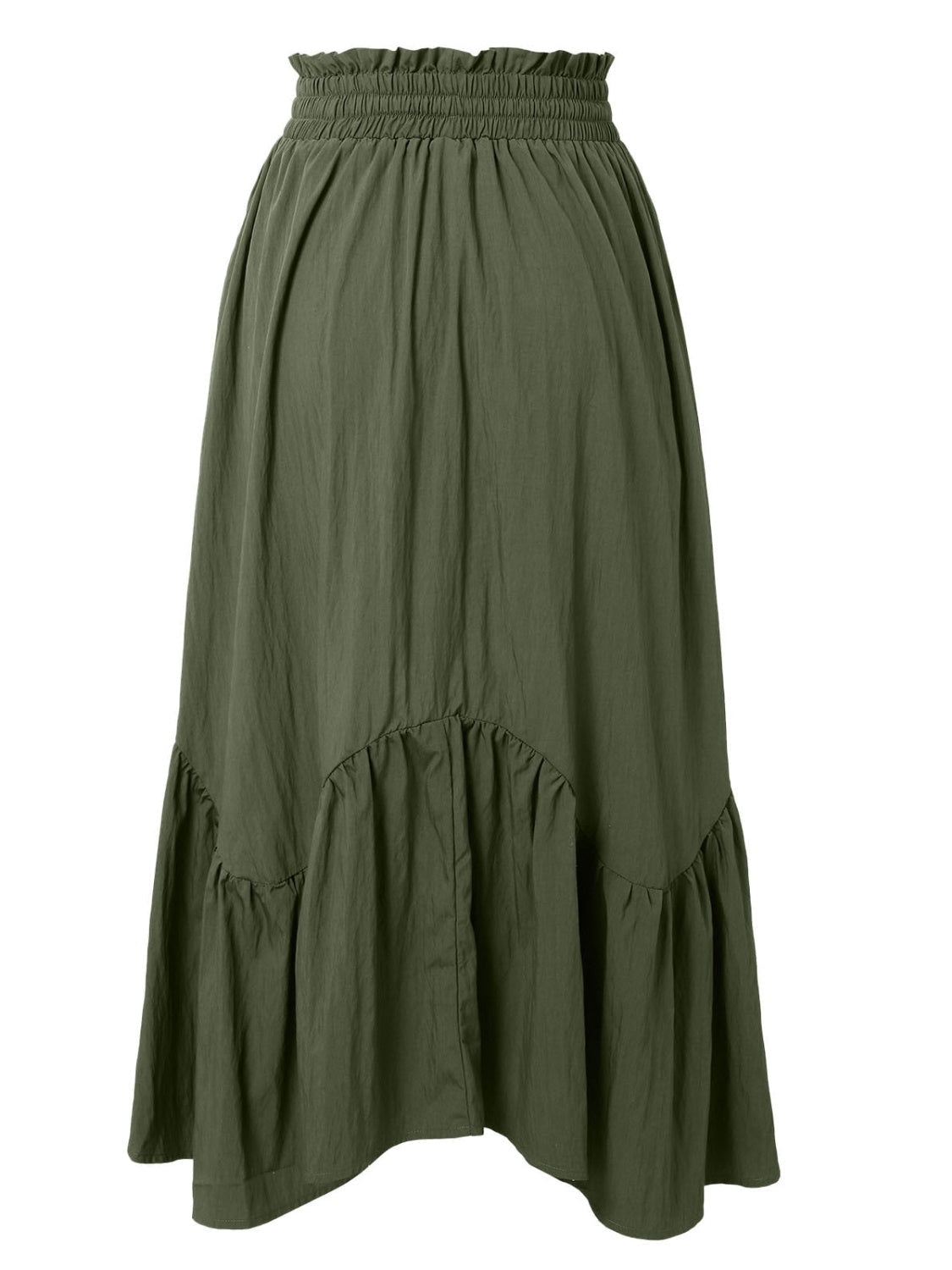 Army green tiered midi skirt with asymmetrical hem and smocked waist