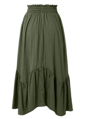 Army green tiered midi skirt with asymmetrical hem and smocked waist