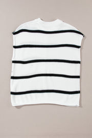 White knit shell top with black horizontal stripes and a crew neck.