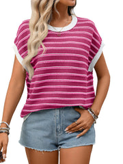 Rose red striped short sleeve knit top with white trim and crew neck