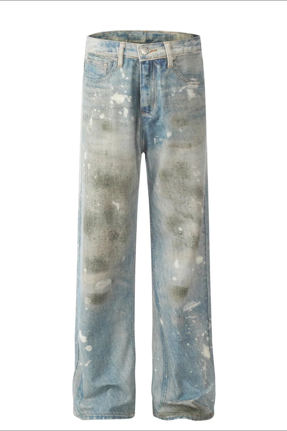 Distressed wash wide leg denim jeans in medium blue with paint splatters and faded details.