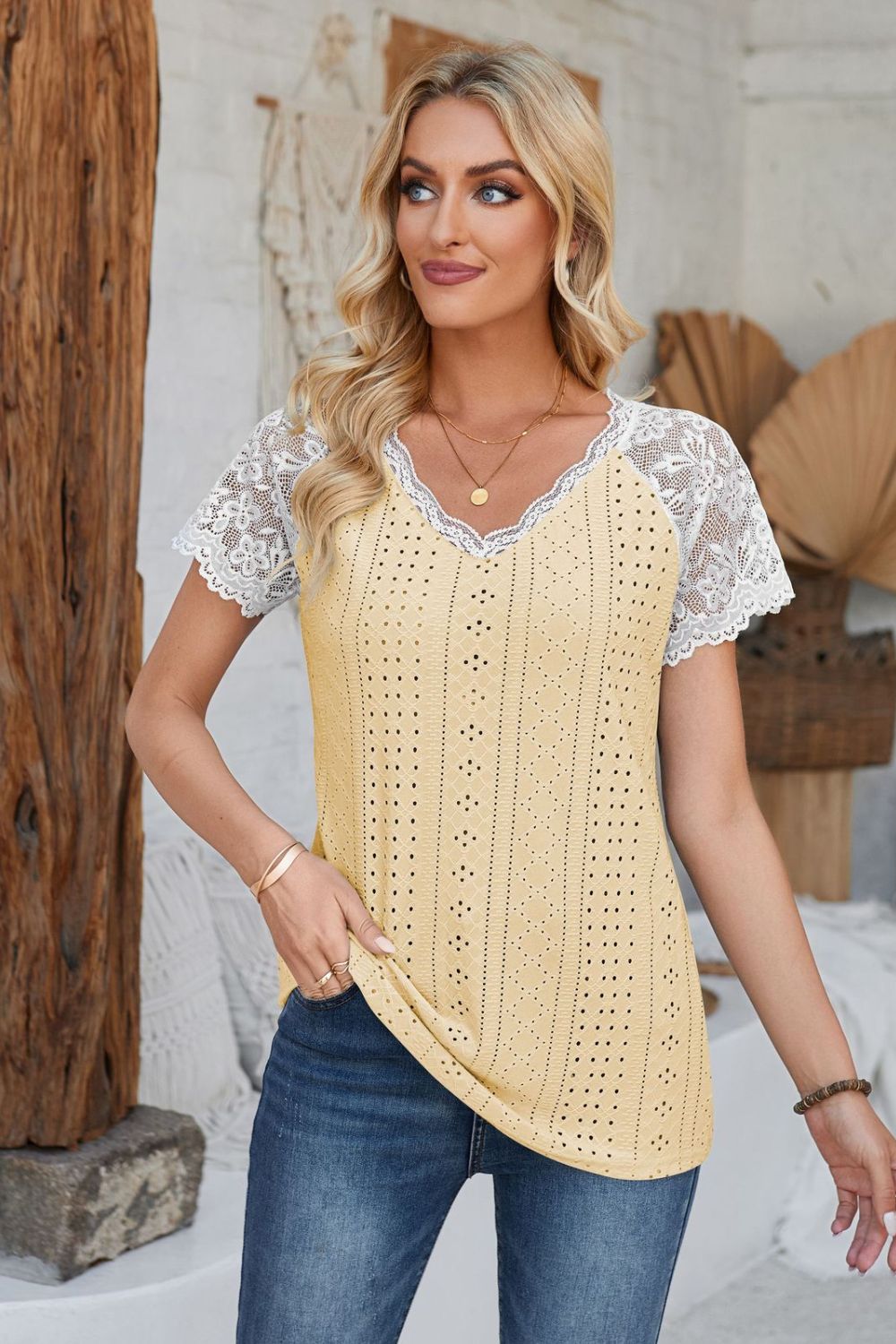 Light Yellow eyelet raglan blouse with white lace short sleeves and V-neck.