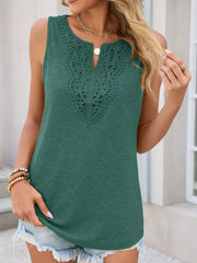 Dark green sleeveless tank top with intricate lace neckline detail and a V-notch.