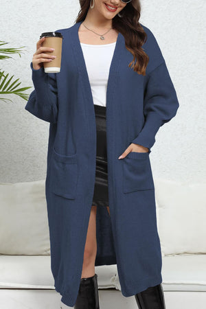 Dark Blue oversized pocketed knit cardigan with open front and long sleeves.