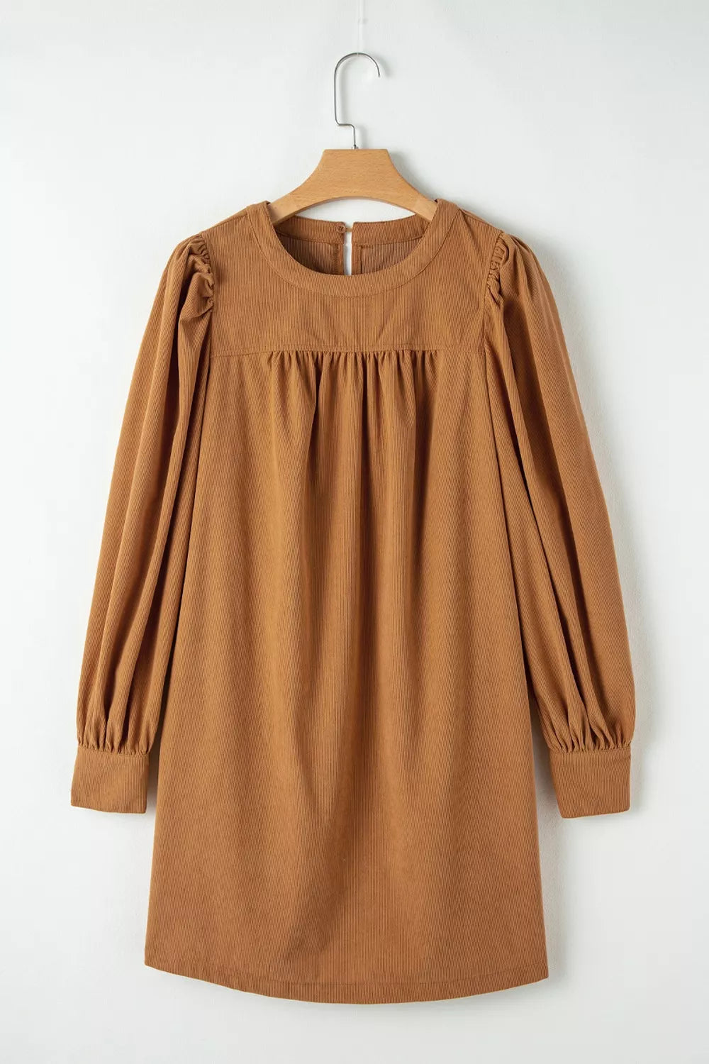 Caramel corduroy mini dress with puff sleeves and buttoned cuffs