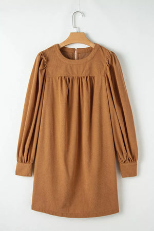 Caramel corduroy mini dress with puff sleeves and buttoned cuffs