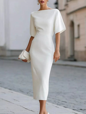 Half Sleeve Boat Neck Midi Dress in Red, front view